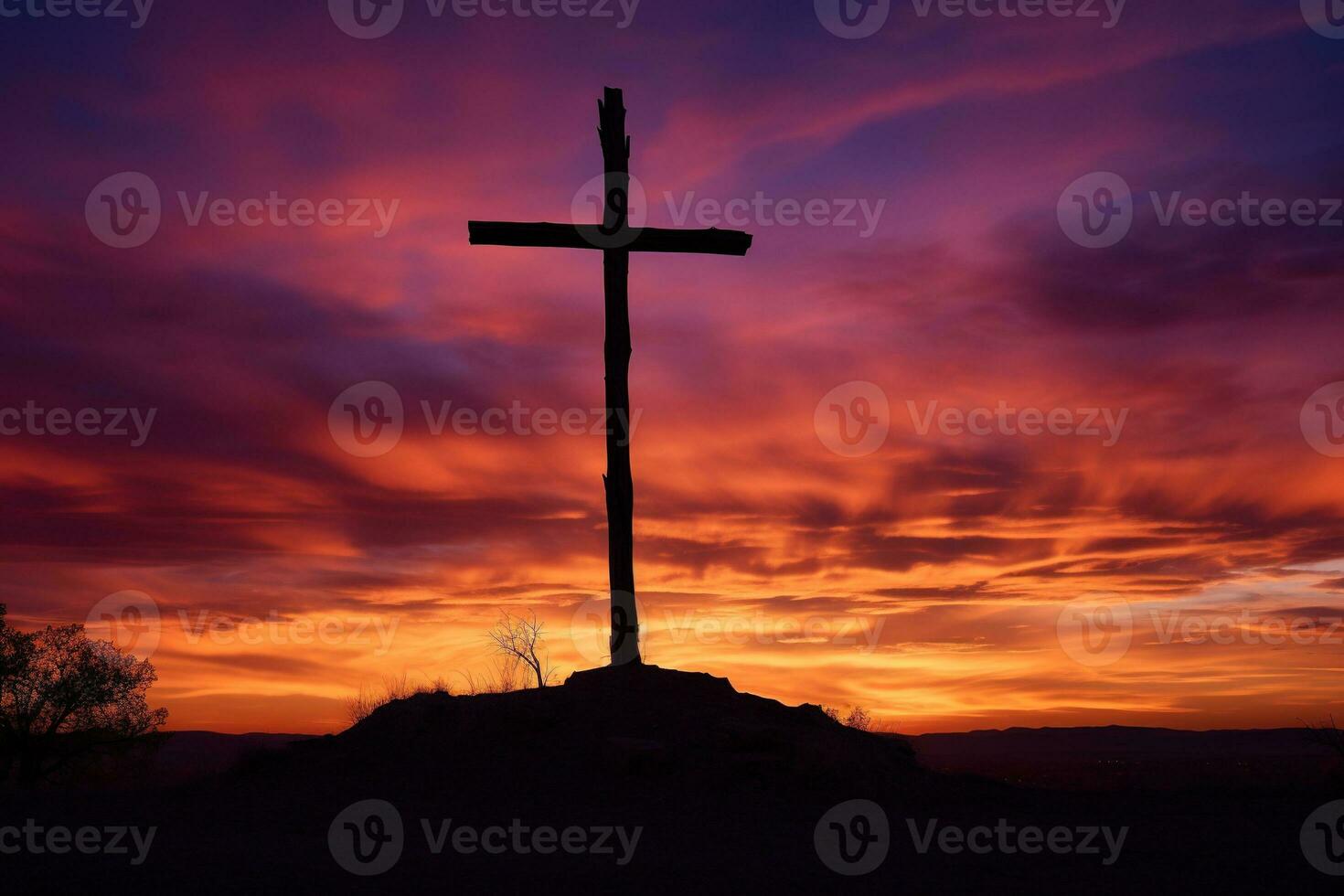 Concept or conceptual wood cross or religion symbol shape over a sunset sky background banner AI generated photo
