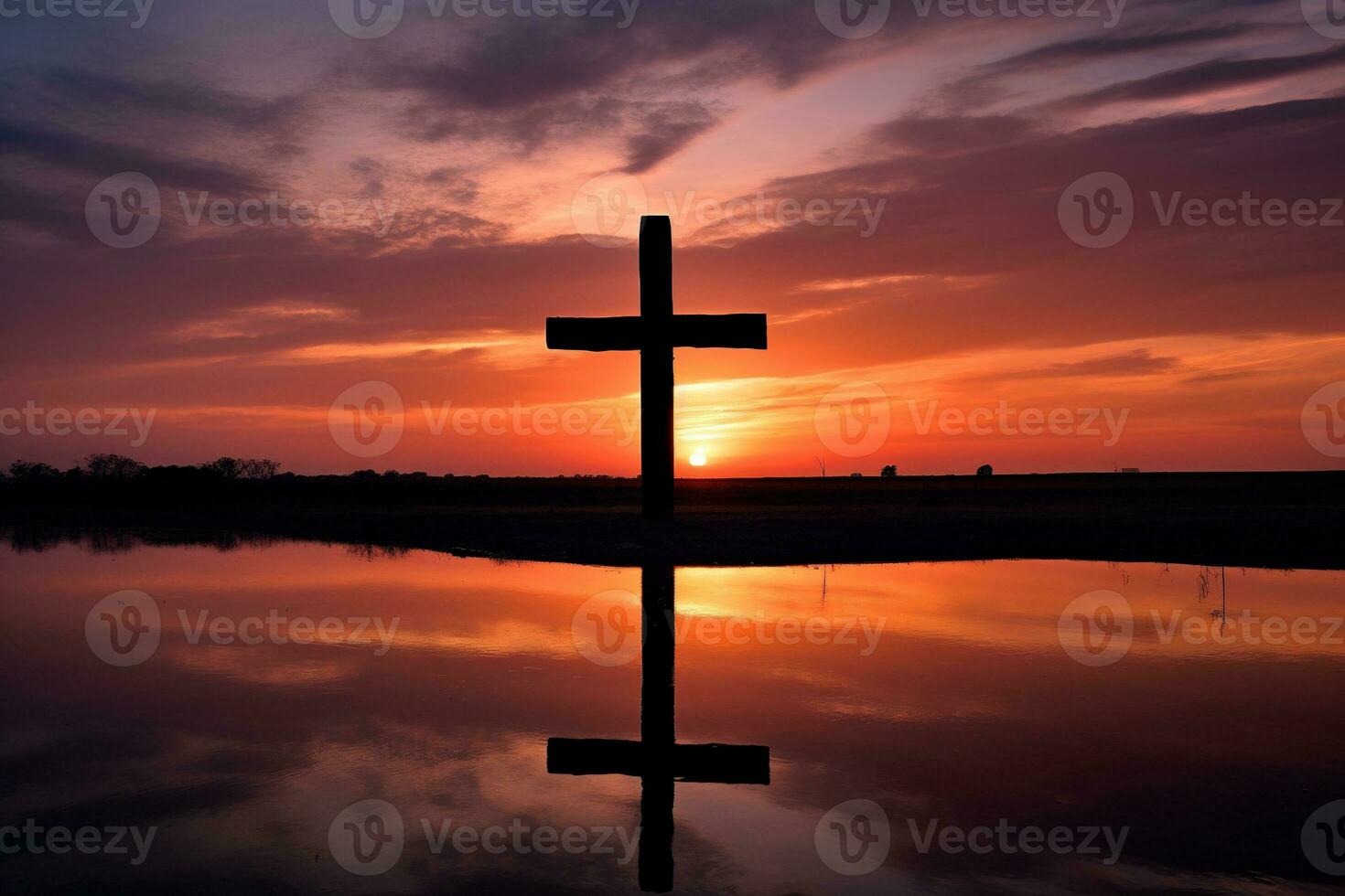 Concept or conceptual wood cross or religion symbol shape over a sunset sky background banner AI generated photo