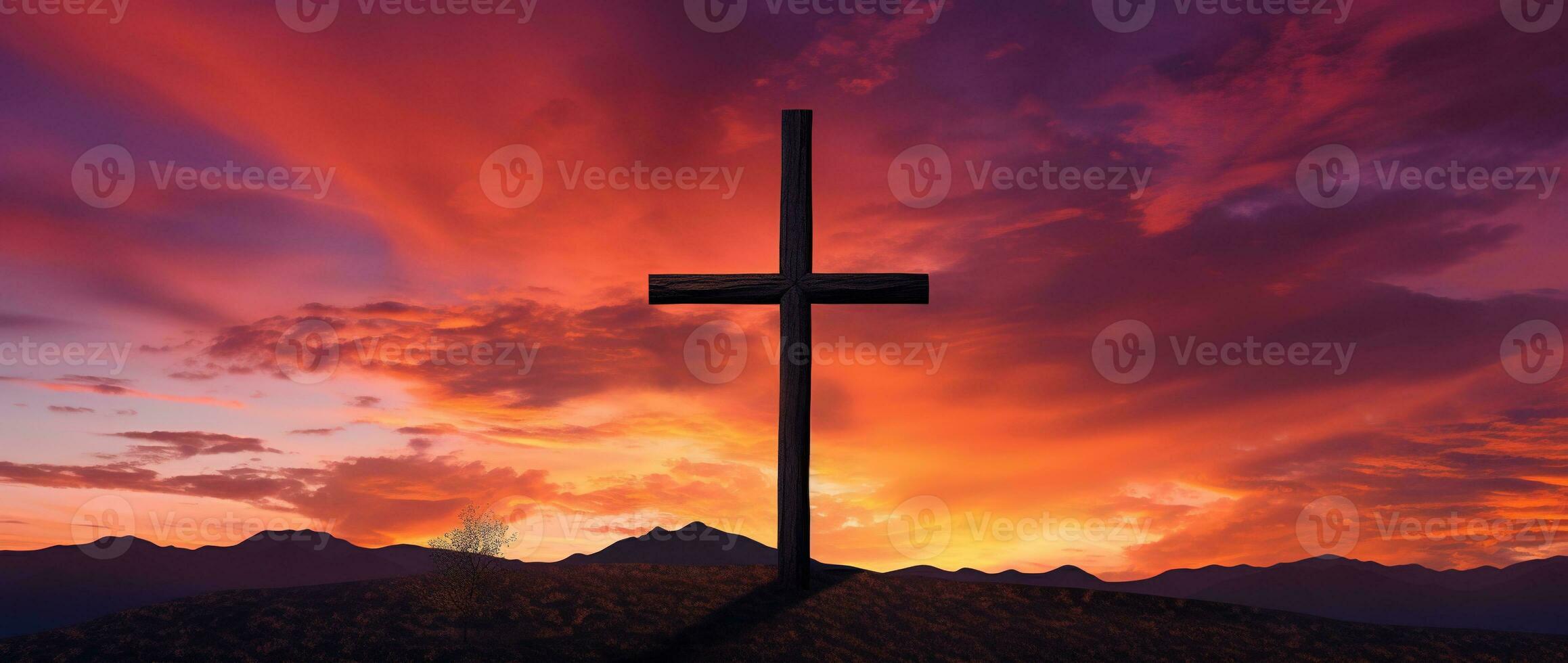 Concept or conceptual wood cross or religion symbol shape over a sunset sky background banner AI generated photo