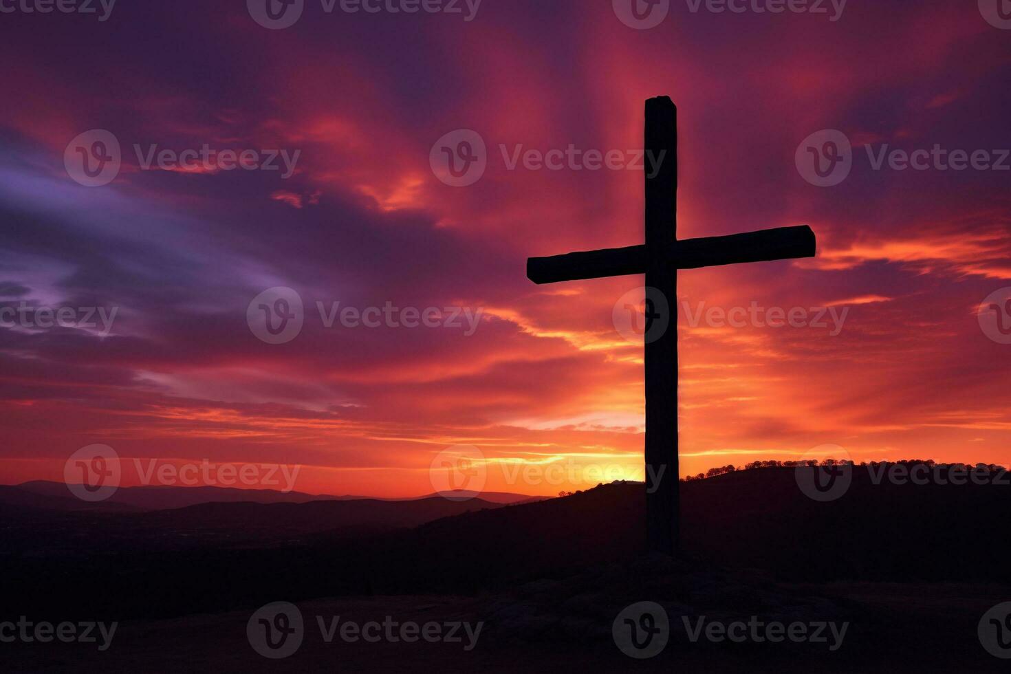 Concept or conceptual wood cross or religion symbol shape over a sunset sky background banner AI generated photo