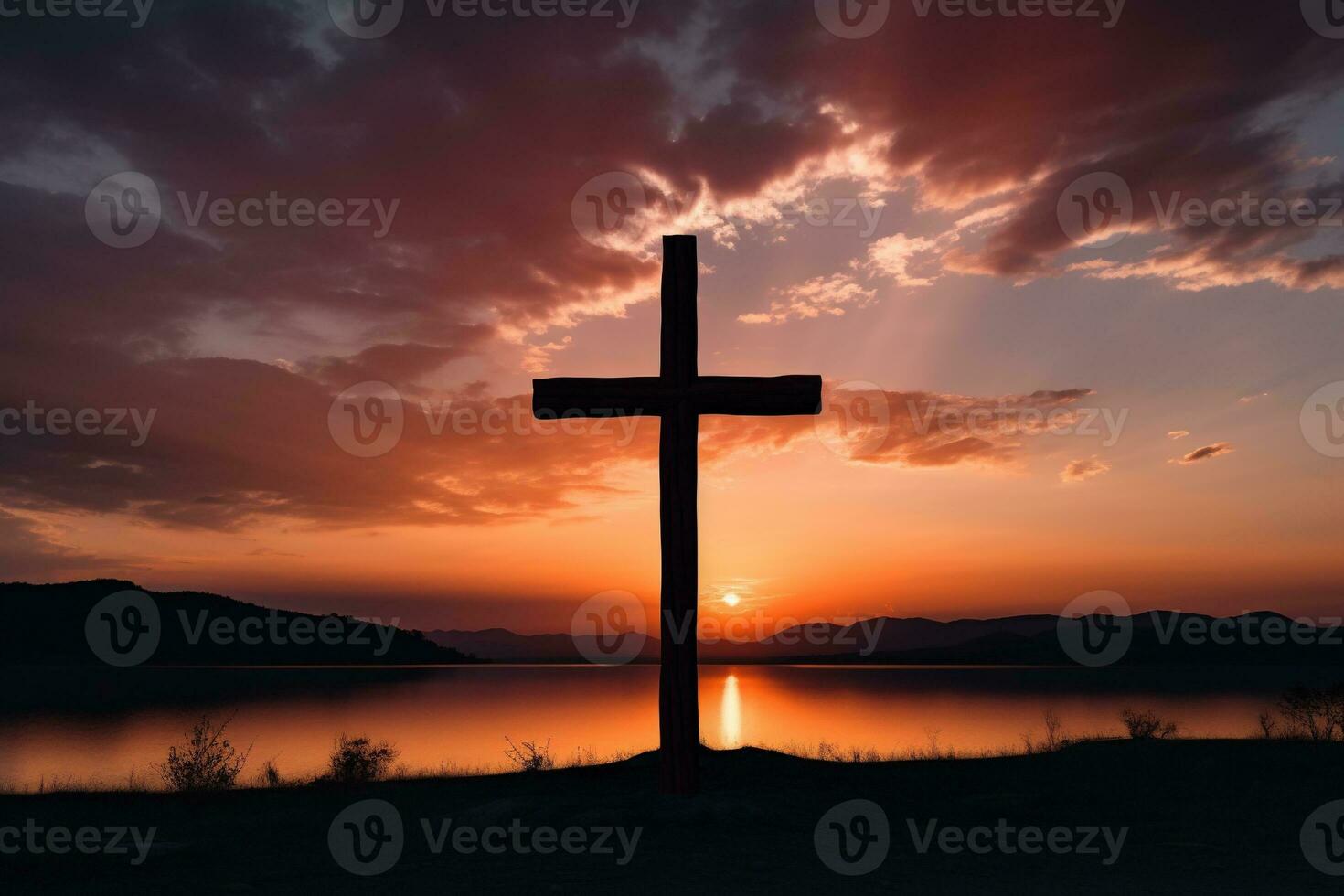 Concept or conceptual wood cross or religion symbol shape over a sunset sky background banner AI generated photo