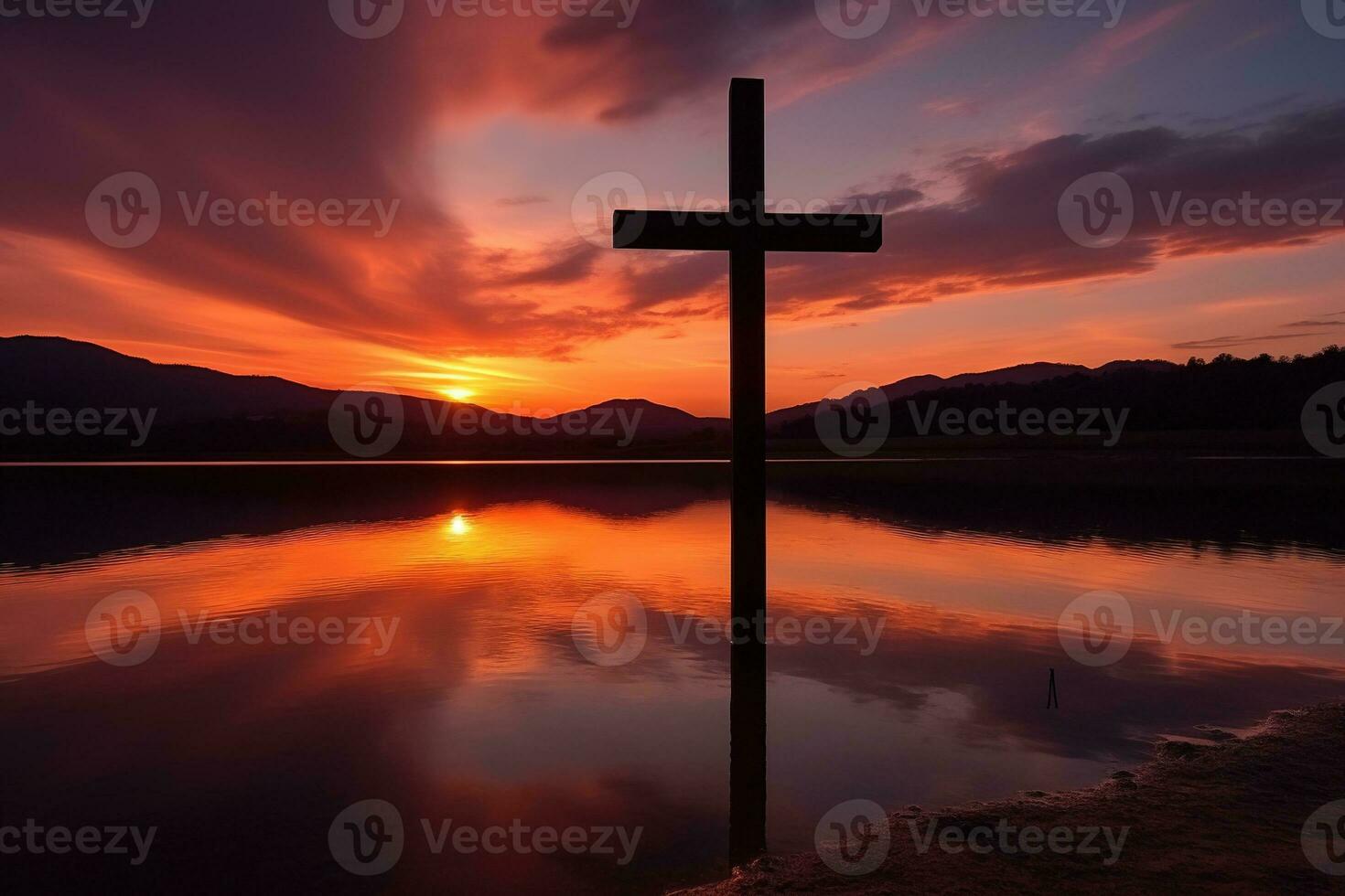 Concept or conceptual wood cross or religion symbol shape over a sunset sky background banner AI generated photo