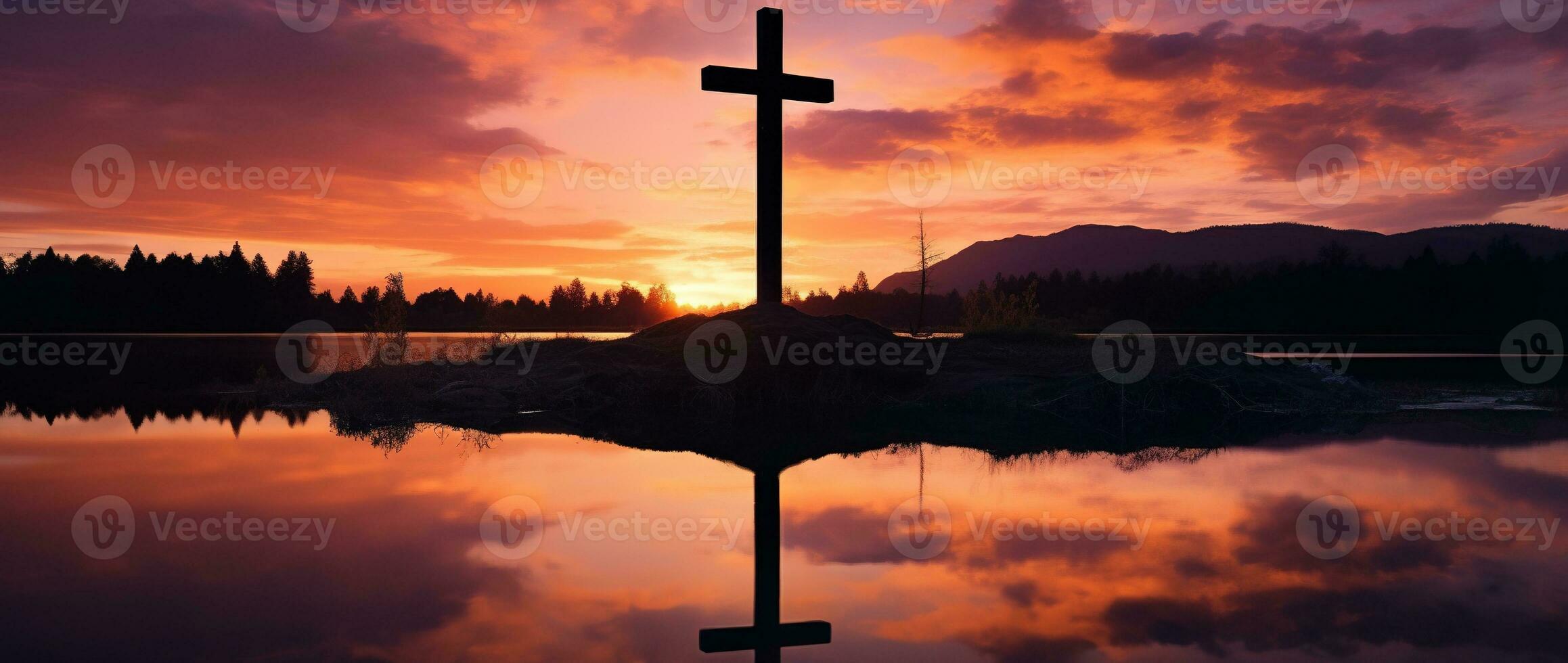 Concept or conceptual wood cross or religion symbol shape over a sunset sky background banner AI generated photo