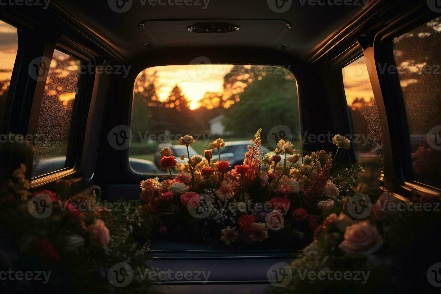 Beautiful flowers in a car at sunset. Concept of funeral. AI generated photo