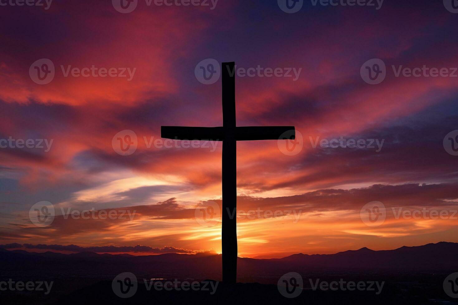 Concept or conceptual wood cross or religion symbol shape over a sunset sky background banner AI generated photo
