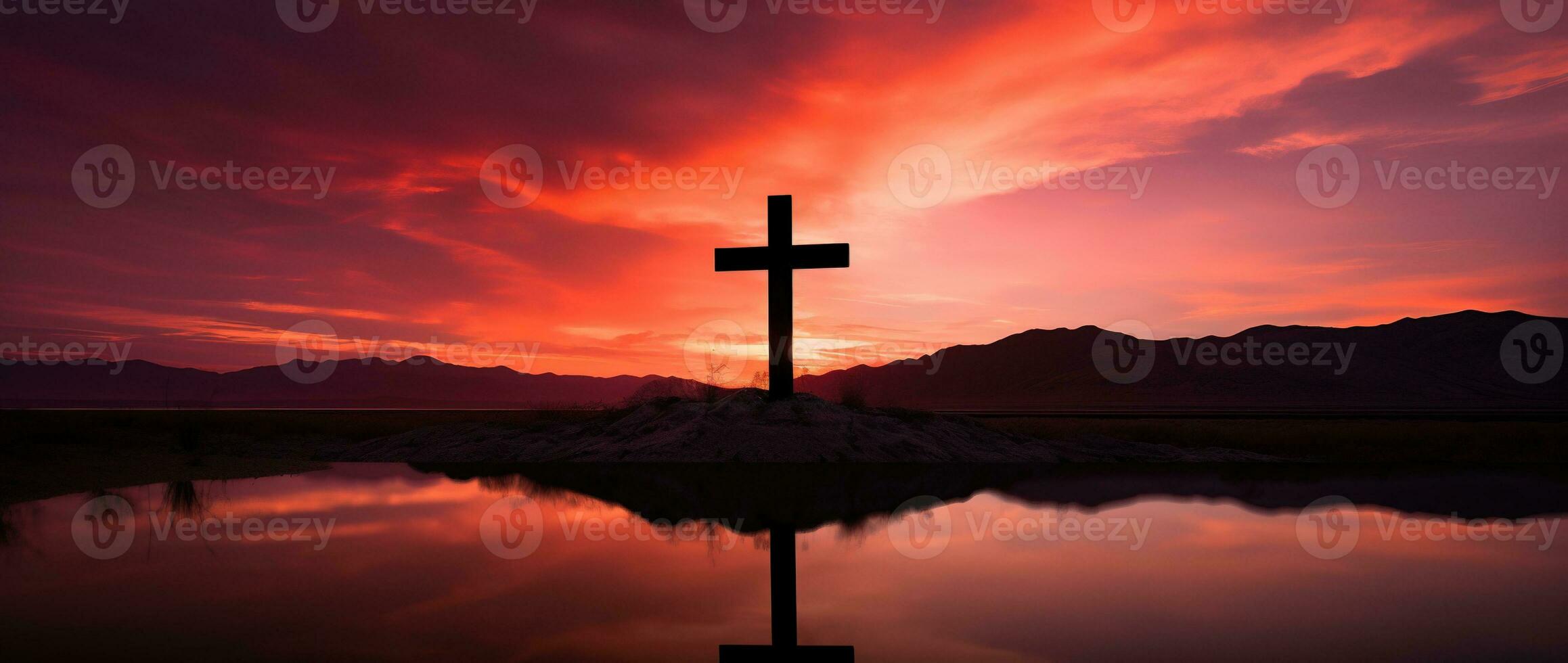 Concept or conceptual wood cross or religion symbol shape over a sunset sky background banner AI generated photo