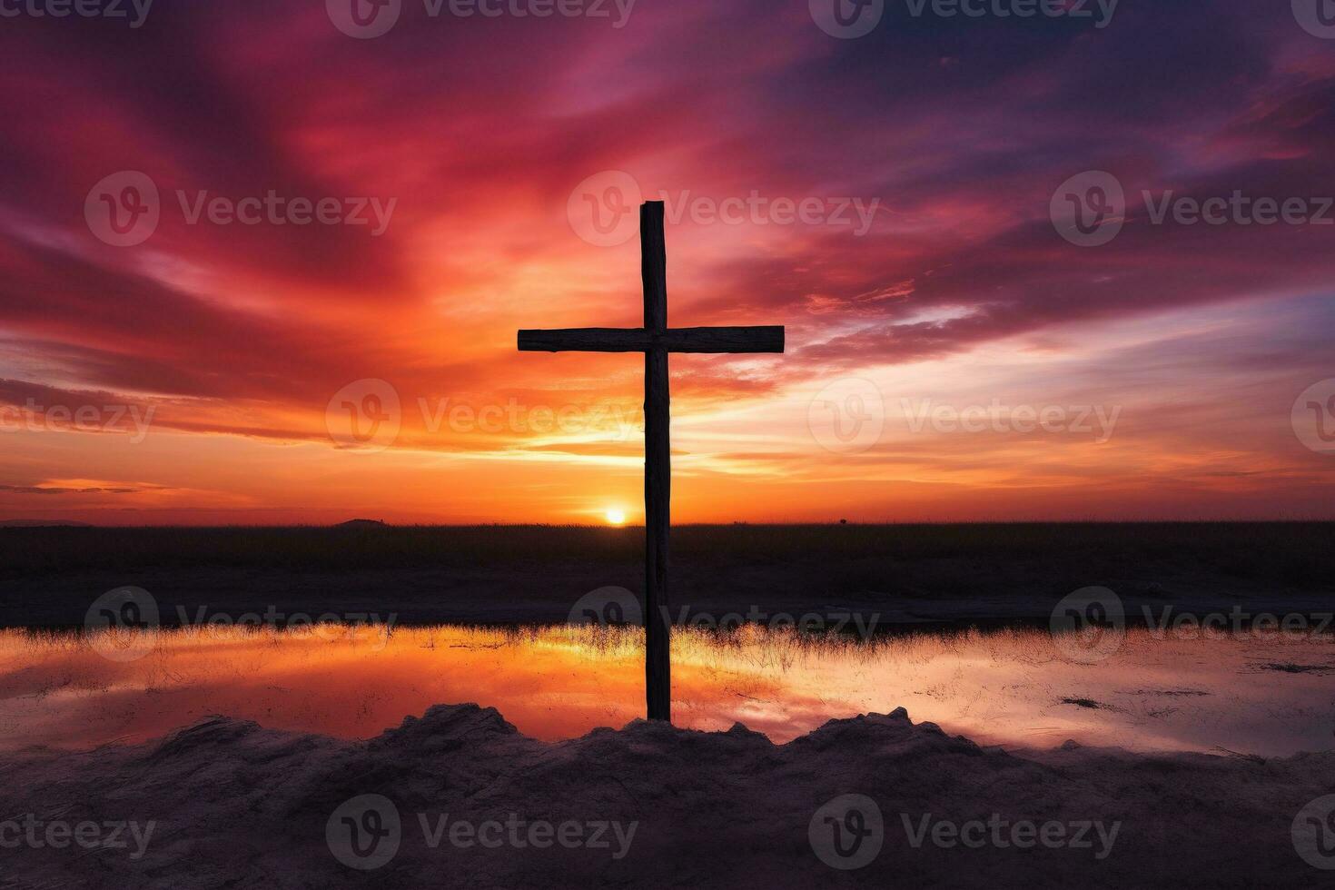 Concept or conceptual wood cross or religion symbol shape over a sunset sky background banner AI generated photo