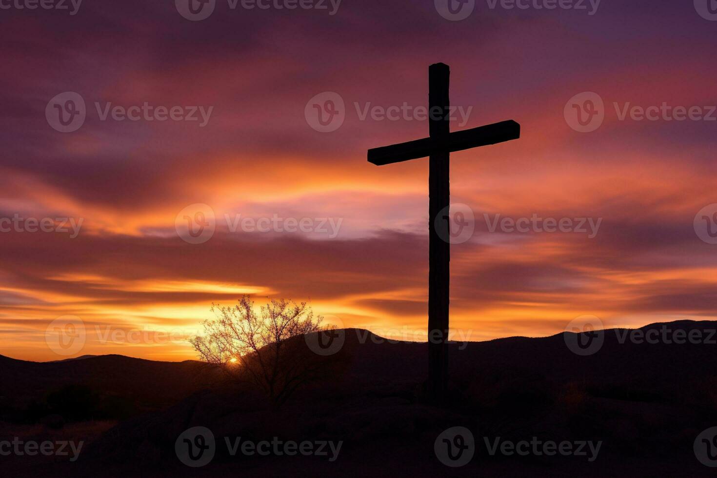 Concept or conceptual wood cross or religion symbol shape over a sunset sky background banner AI generated photo