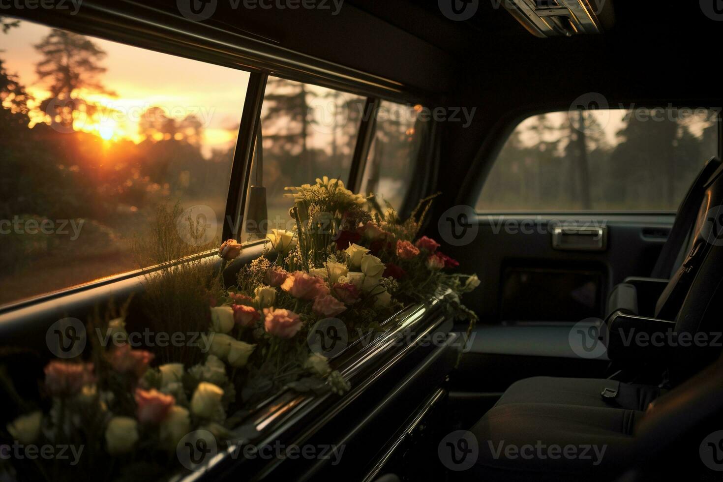 Beautiful flowers in a car at sunset. Concept of funeral. AI generated photo