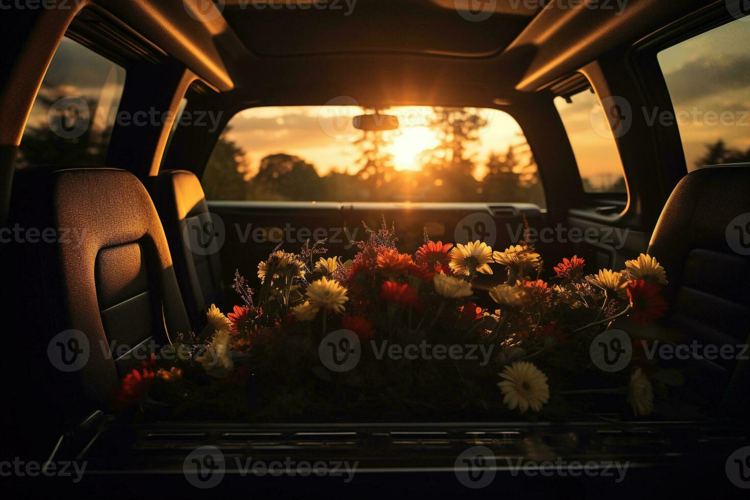 Beautiful flowers in a car at sunset. Concept of funeral. AI generated photo