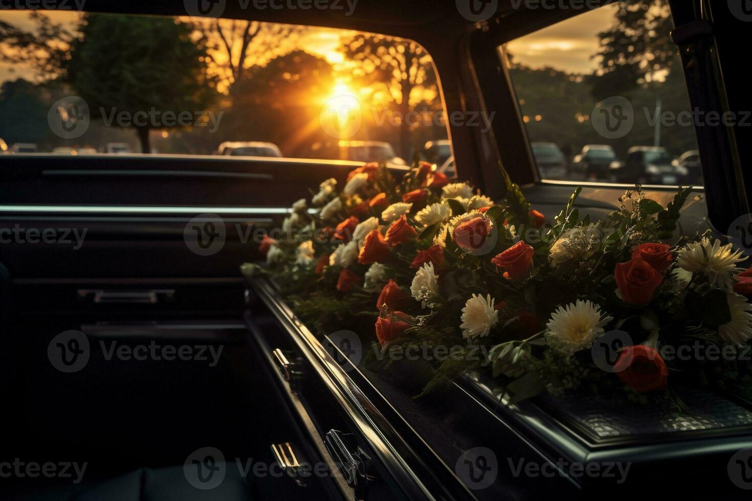 Beautiful flowers in a car at sunset. Concept of funeral. AI generated photo