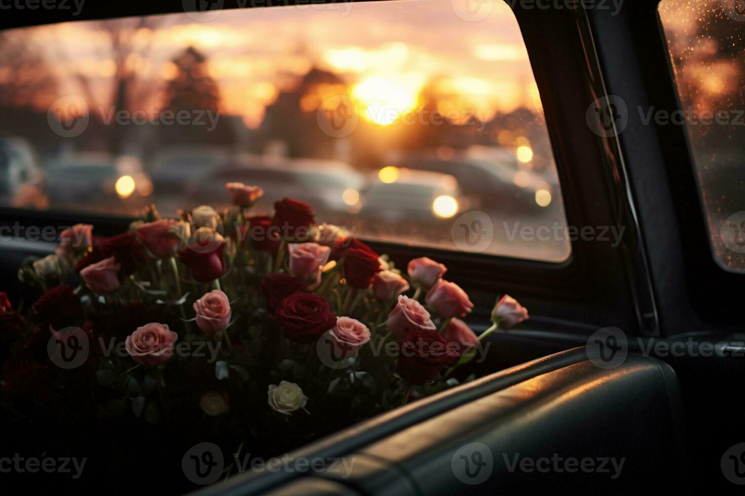 Beautiful flowers in a car at sunset. Concept of funeral. AI generated photo