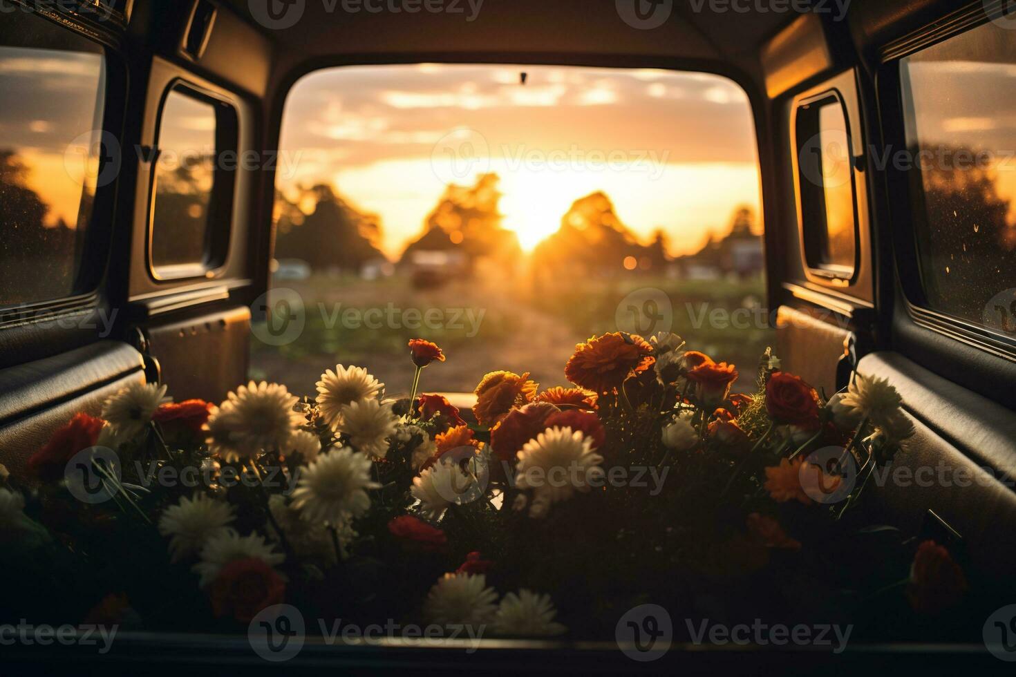 Beautiful flowers in a car at sunset. Concept of funeral. AI generated photo