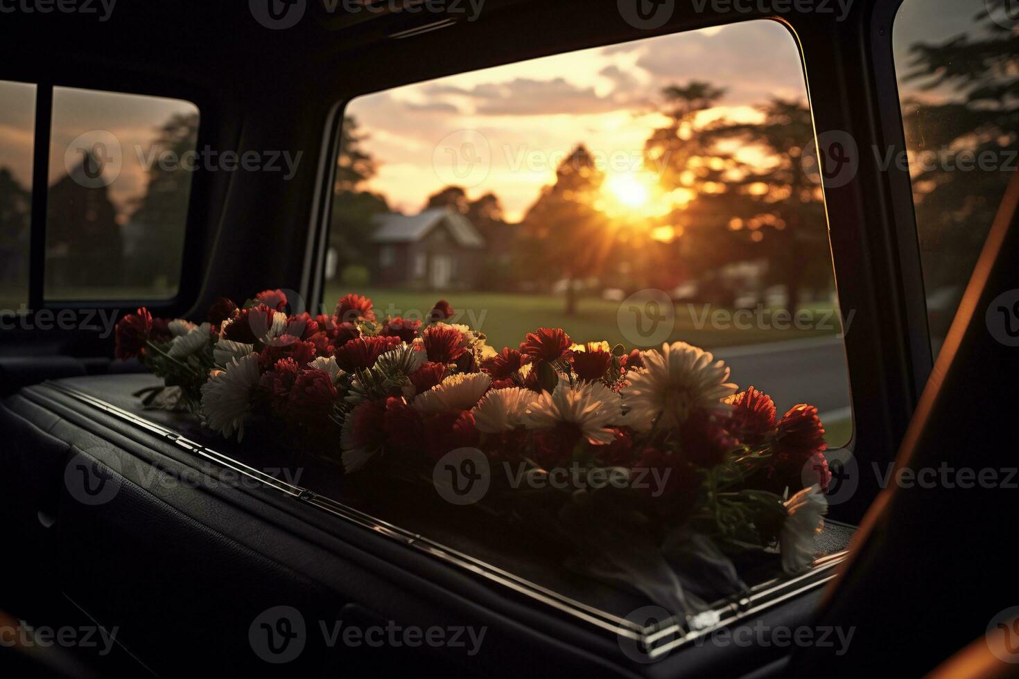 Beautiful flowers in a car at sunset. Concept of funeral. AI generated photo