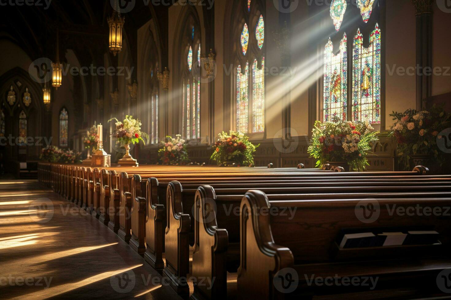 Interior of a church with a lot of flowers in the foreground.Funeral concept AI generated photo