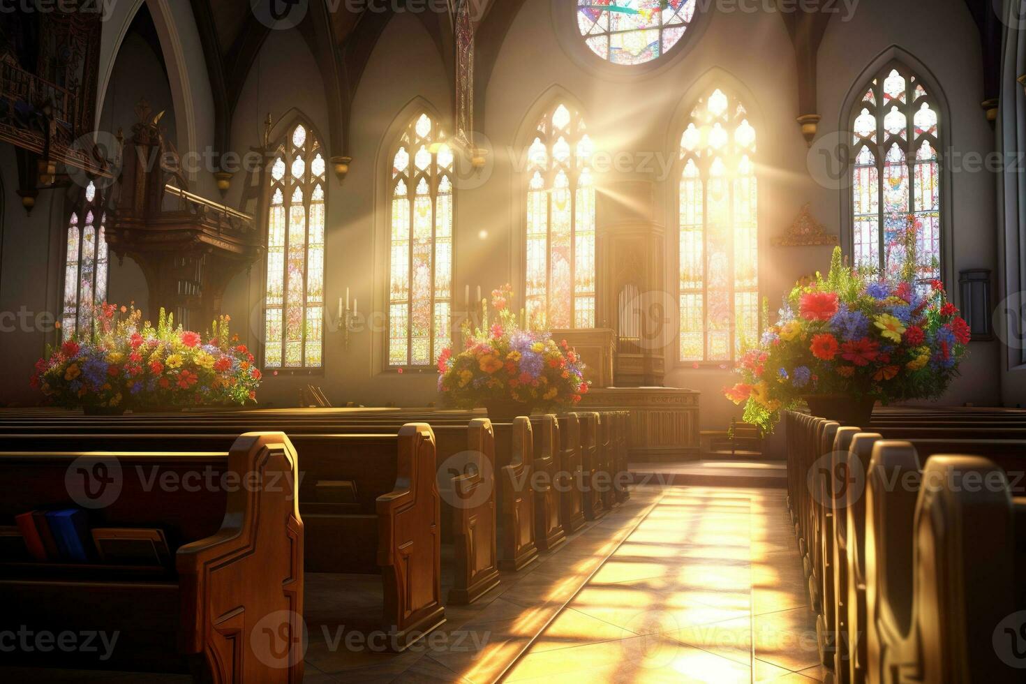 Interior of a church with a lot of flowers in the foreground.Funeral concept AI generated photo