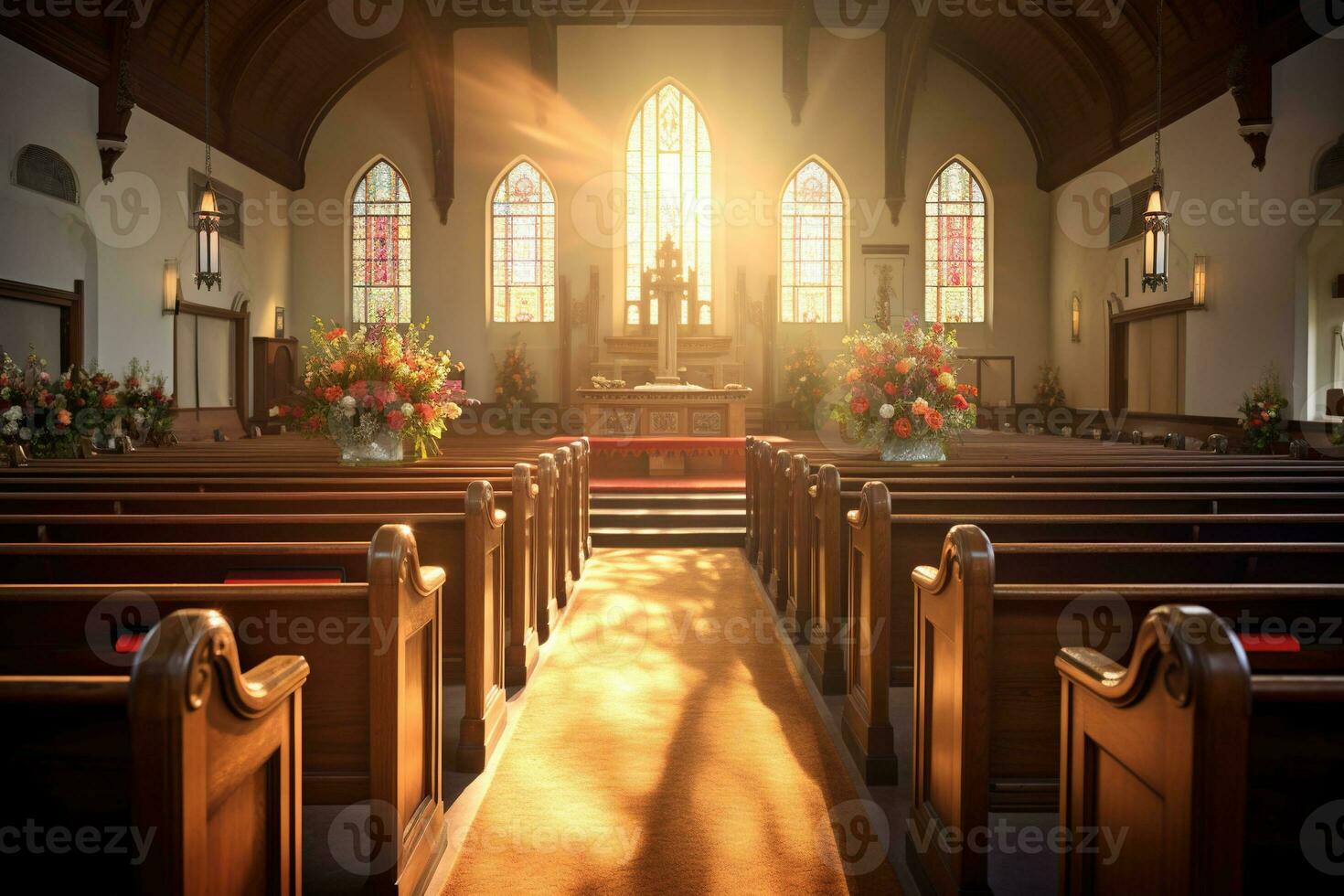 Interior of a church with a lot of flowers in the foreground.Funeral concept AI generated photo