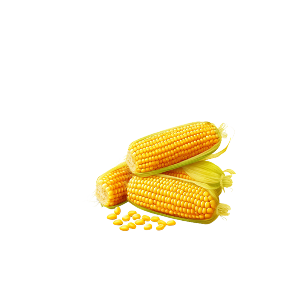 Set of corn cobs with leaves and grains. Summer and autumn harvest Generative Ai png