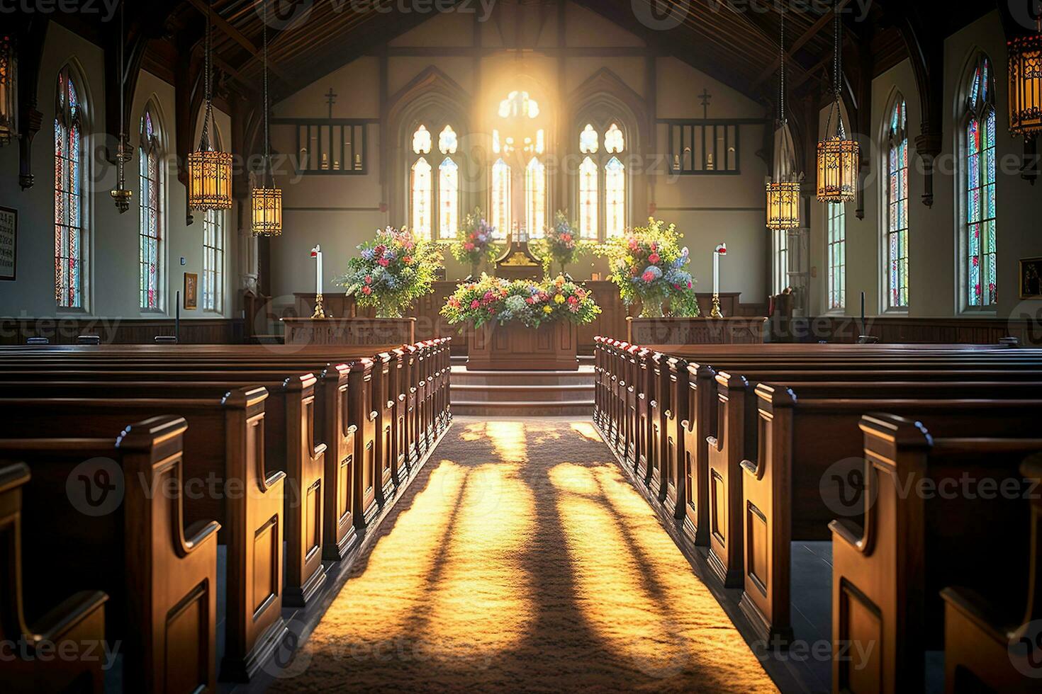 Interior of a church with a lot of flowers in the foreground.Funeral concept AI generated photo