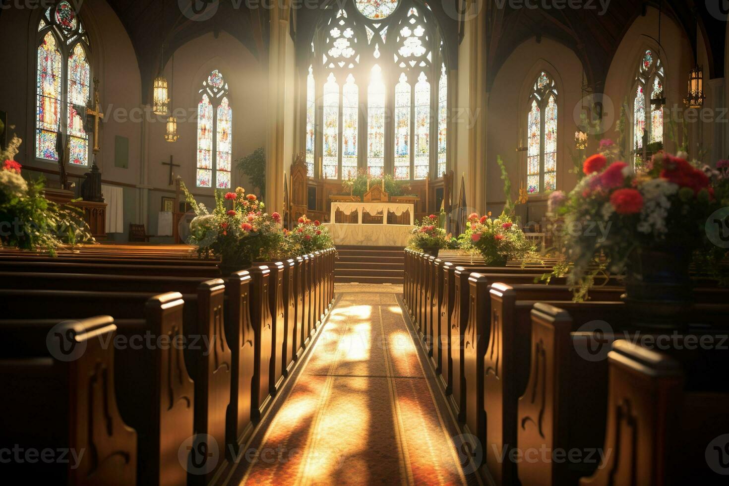 Interior of a church with a lot of flowers in the foreground.Funeral concept AI generated photo