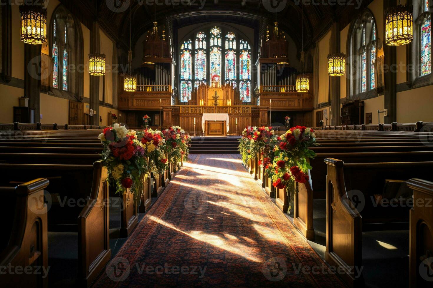 Interior of a church with a lot of flowers in the foreground.Funeral concept AI generated photo