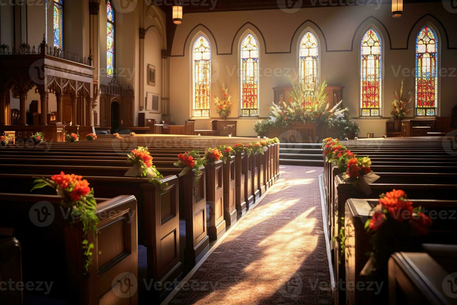 Interior of a church with a lot of flowers in the foreground.Funeral concept AI generated photo