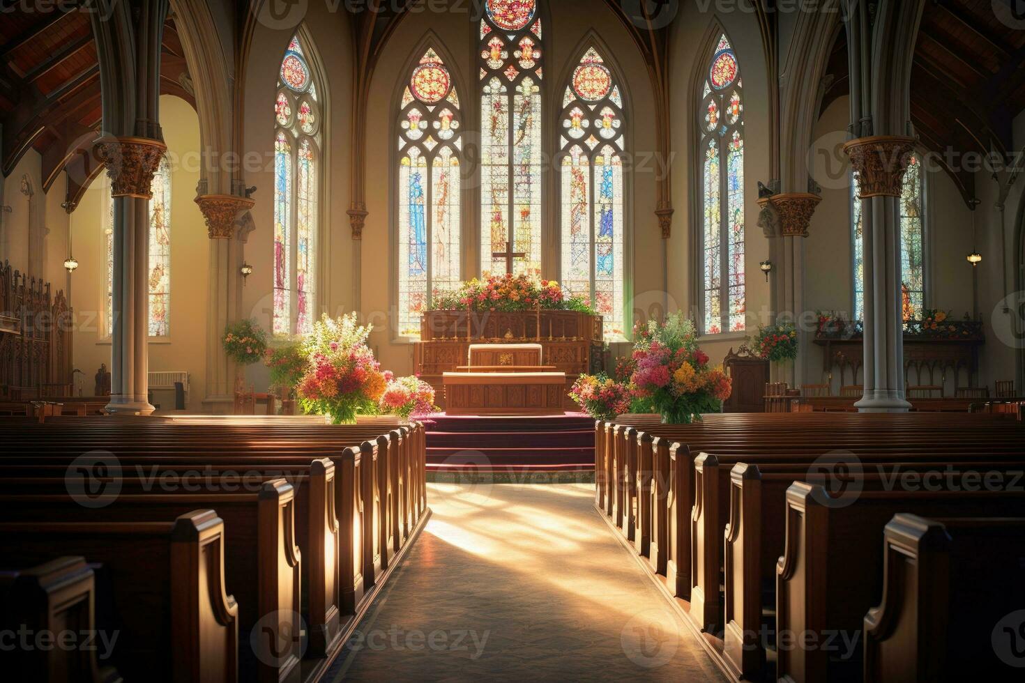 Interior of a church with a lot of flowers in the foreground.Funeral concept AI generated photo