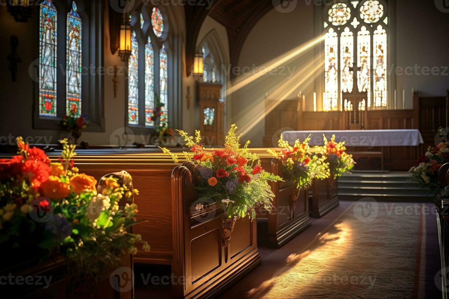 Interior of a church with a lot of flowers in the foreground.Funeral concept AI generated photo