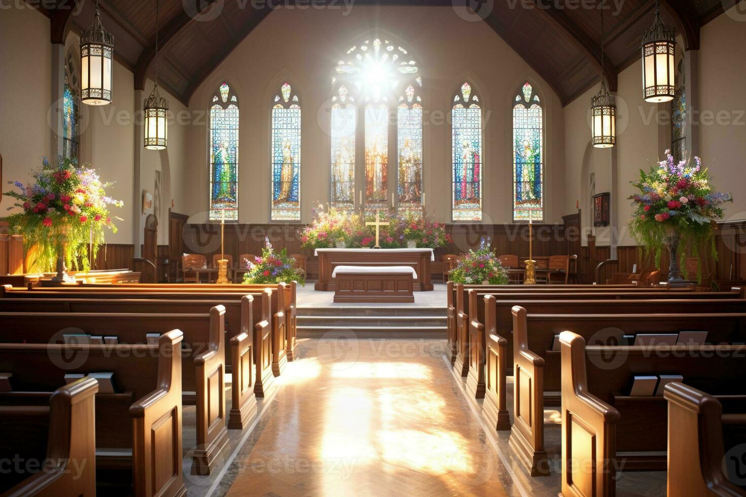 Interior of a church with a lot of flowers in the foreground.Funeral concept AI generated photo