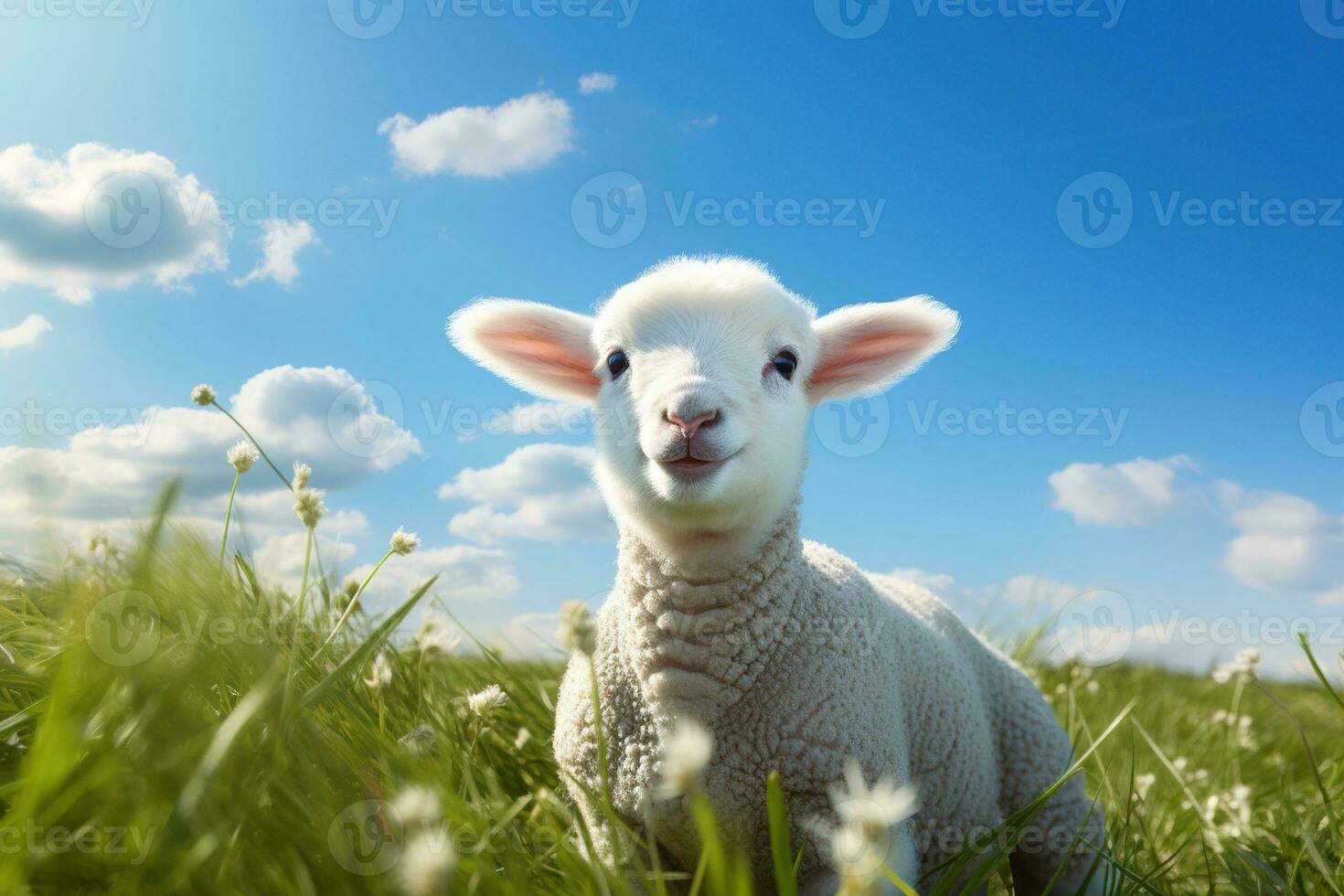 Cute lamb on green grass under blue sky with white clouds. AI generated photo