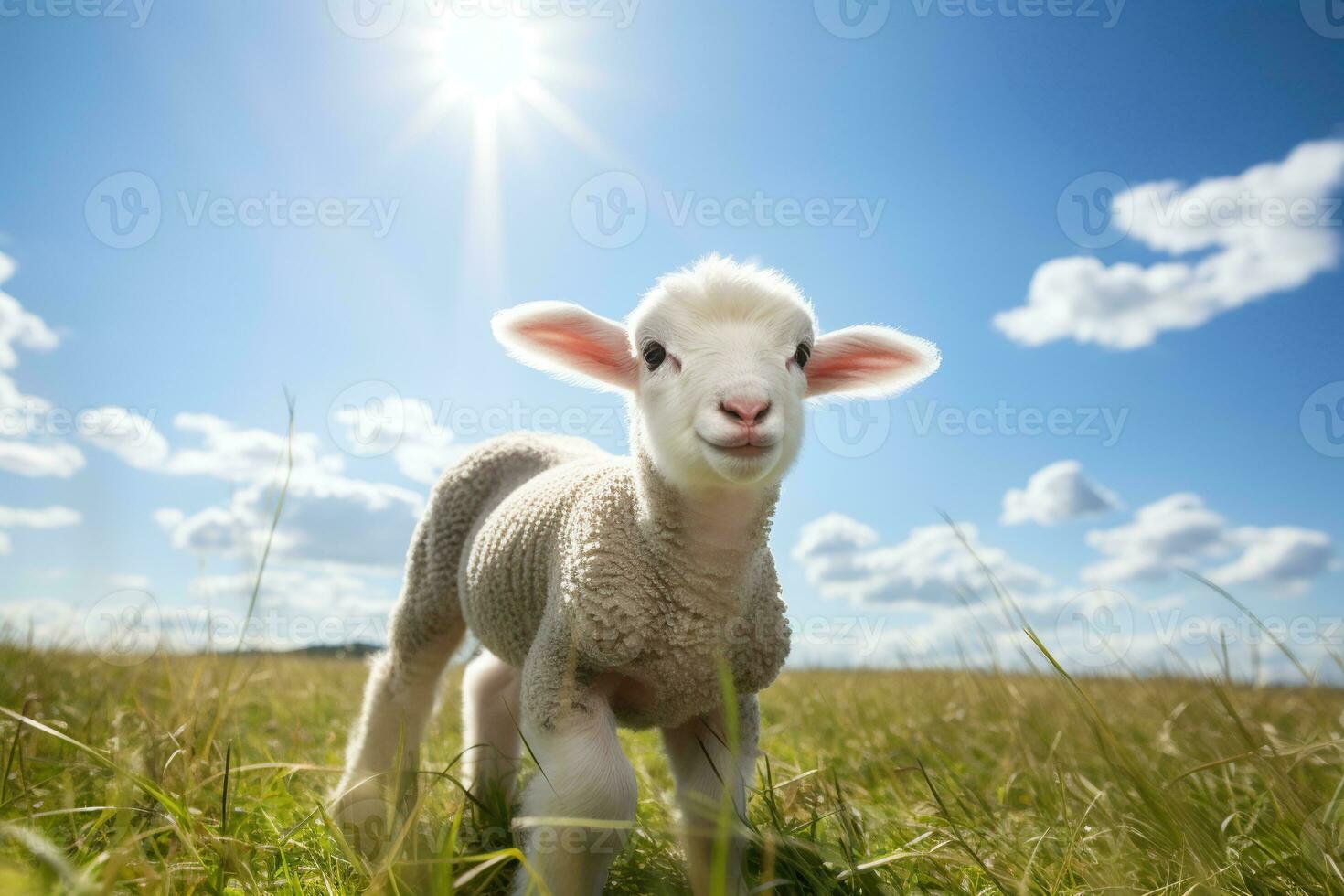 Cute lamb on green grass under blue sky with white clouds. AI generated photo