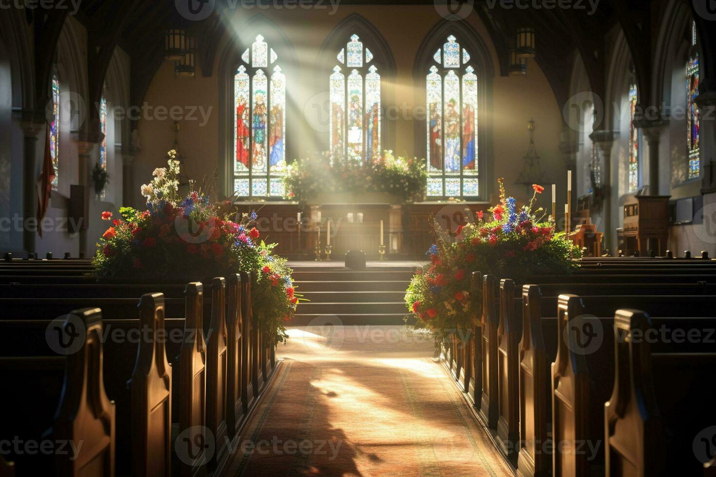 Interior of a church with a lot of flowers in the foreground.Funeral concept AI generated photo