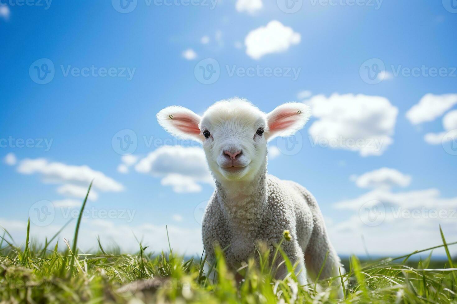 Cute lamb on green grass under blue sky with white clouds. AI generated photo