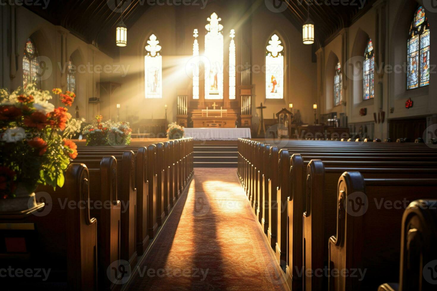 Interior of a church with a lot of flowers in the foreground.Funeral concept AI generated photo