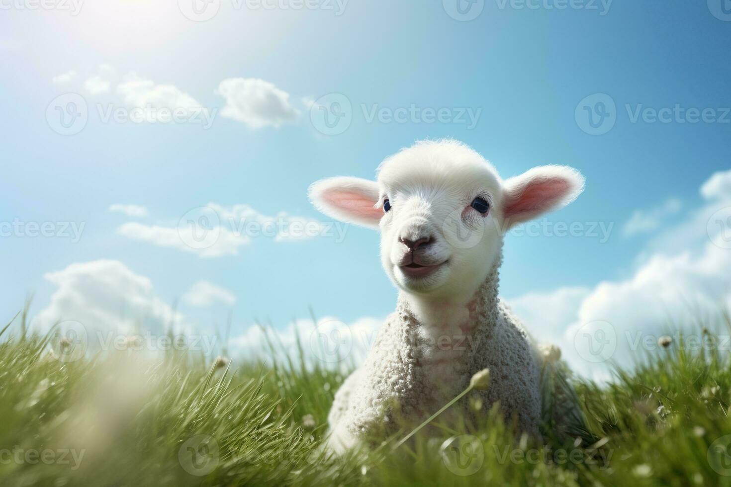 Cute lamb on green grass under blue sky with white clouds. AI generated photo