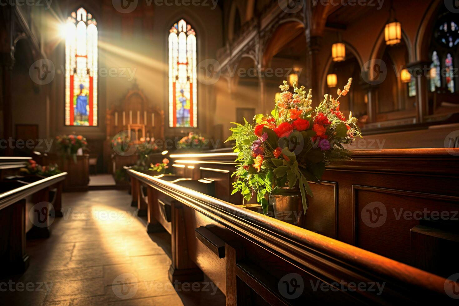 interior de un Iglesia con un lote de flores en el primer plano.funeral concepto ai generado foto