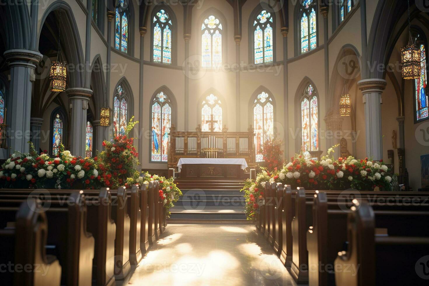 Interior of a church with a lot of flowers in the foreground.Funeral concept AI generated photo