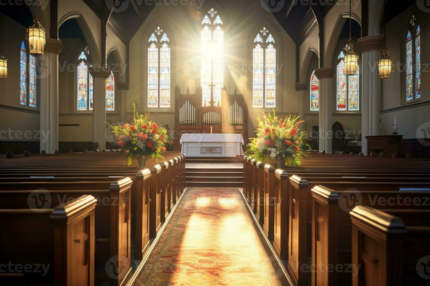 Interior of a church with a lot of flowers in the foreground.Funeral concept AI generated photo