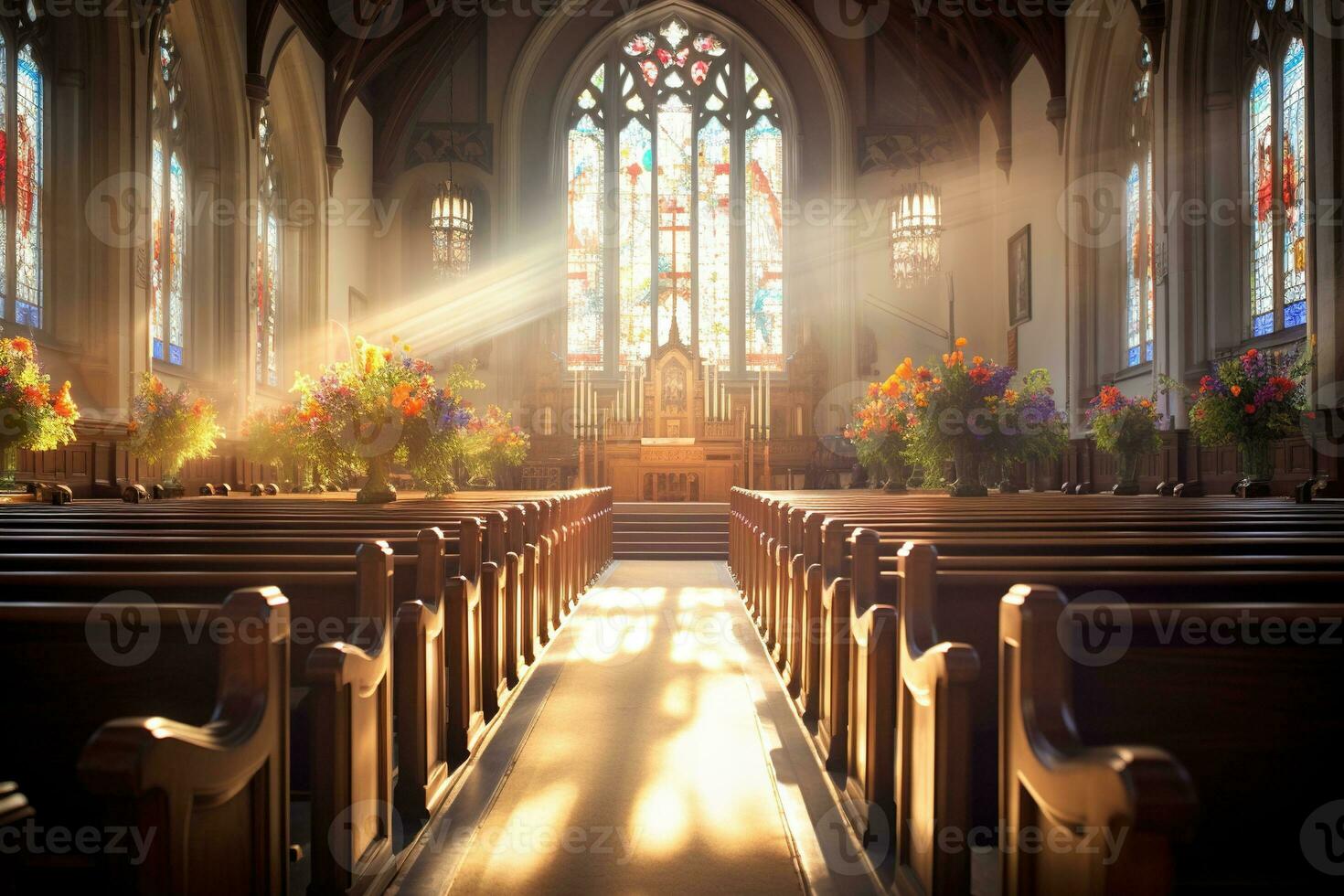 Interior of a church with a lot of flowers in the foreground.Funeral concept AI generated photo