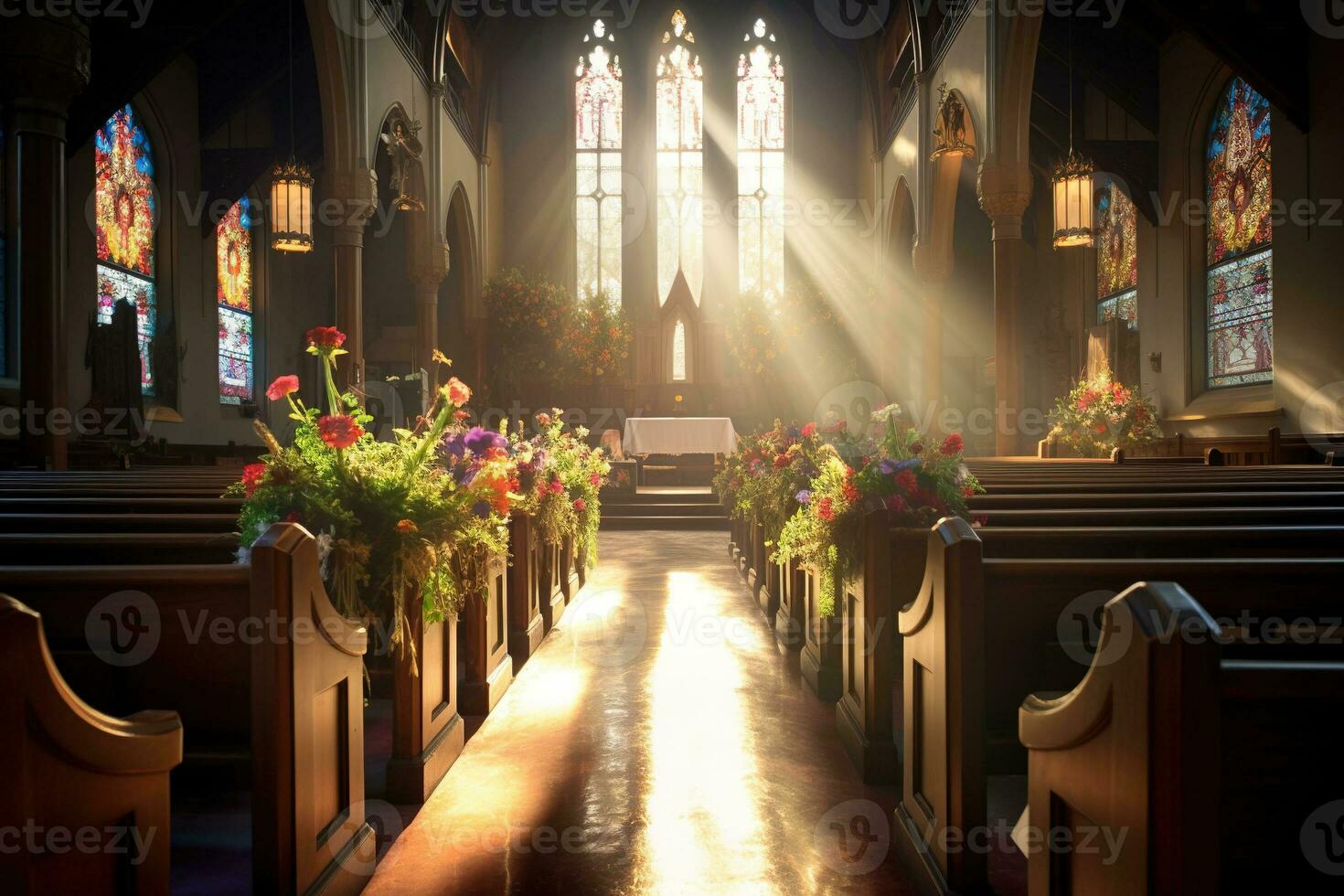 Interior of a church with a lot of flowers in the foreground.Funeral concept AI generated photo