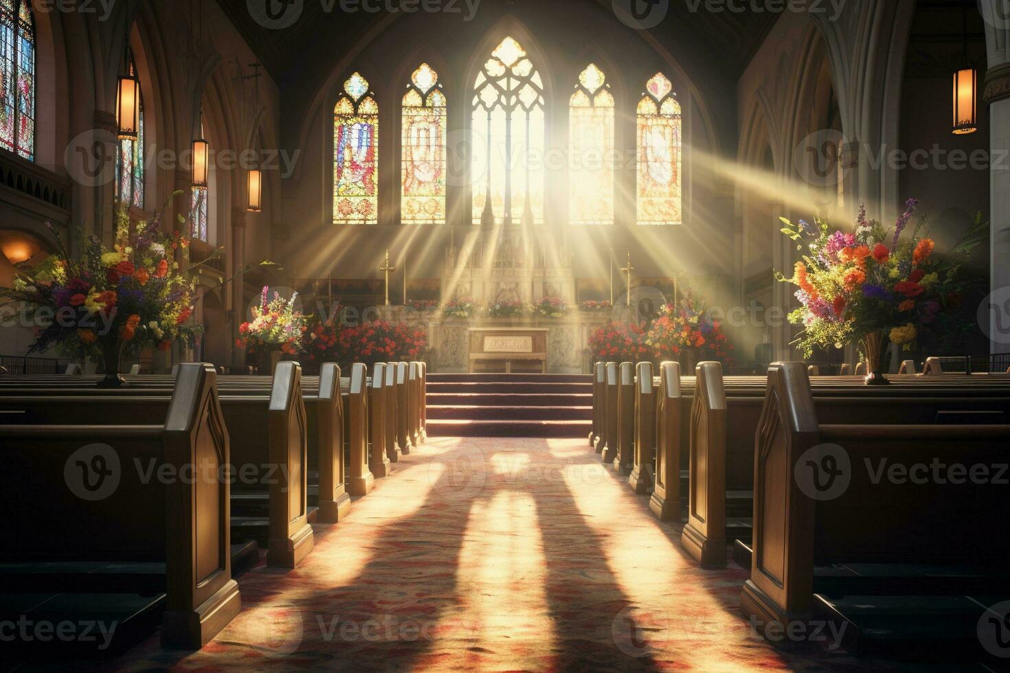 interior de un Iglesia con un lote de flores en el primer plano.funeral concepto ai generado foto