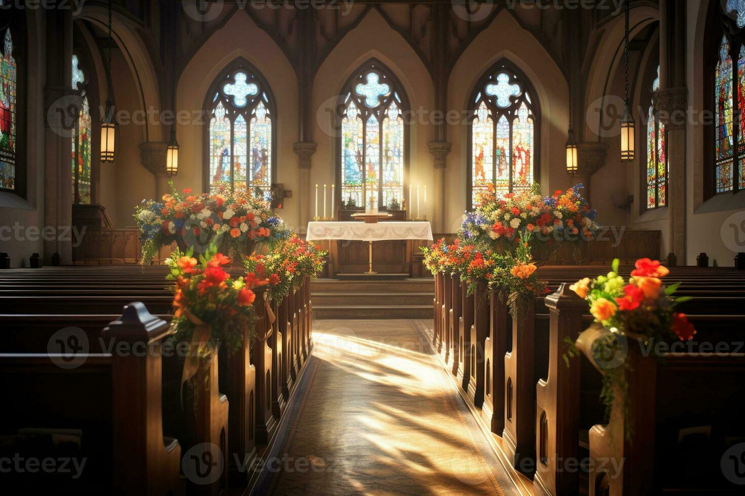 Interior of a church with a lot of flowers in the foreground.Funeral concept AI generated photo