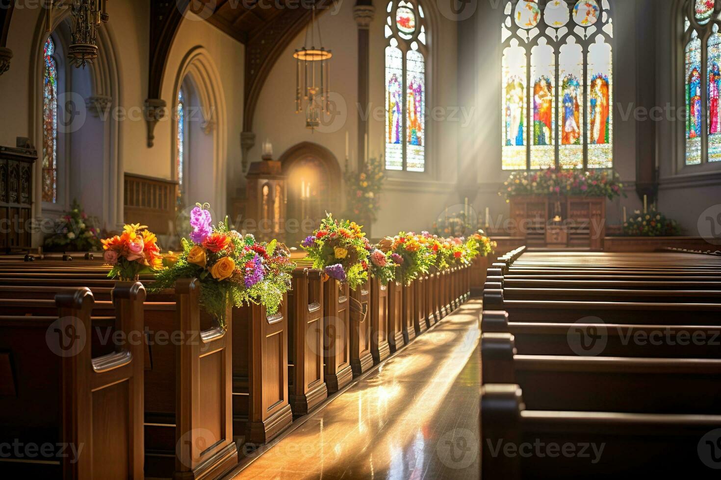 Interior of a church with a lot of flowers in the foreground.Funeral concept AI generated photo