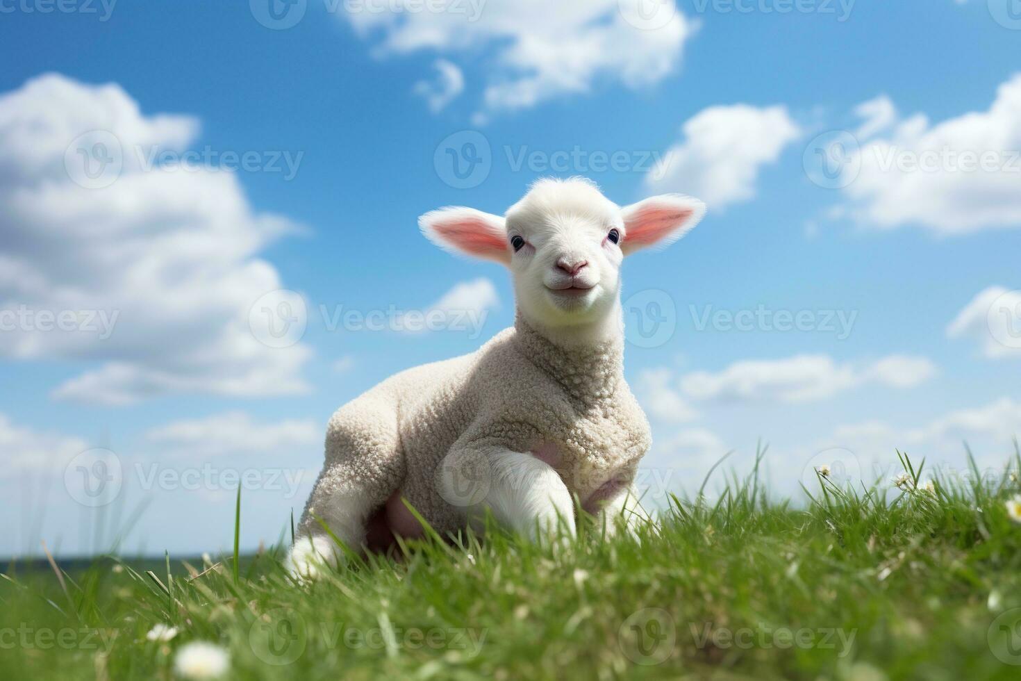 Cute lamb on green grass under blue sky with white clouds. AI generated photo