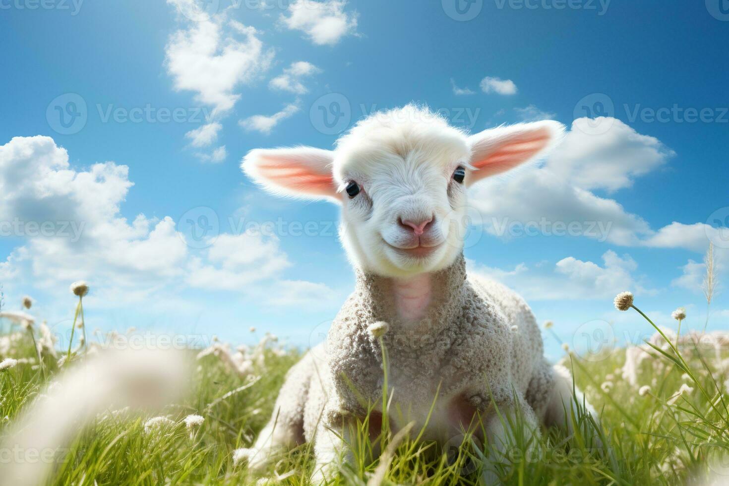 Cute lamb on green grass under blue sky with white clouds. AI generated photo