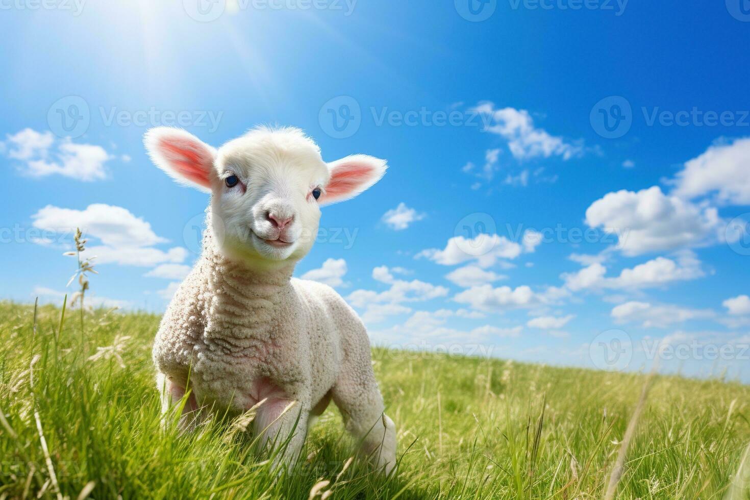Cute lamb on green grass under blue sky with white clouds. AI generated photo