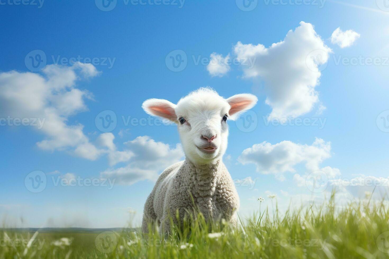 Cute lamb on green grass under blue sky with white clouds. AI generated photo