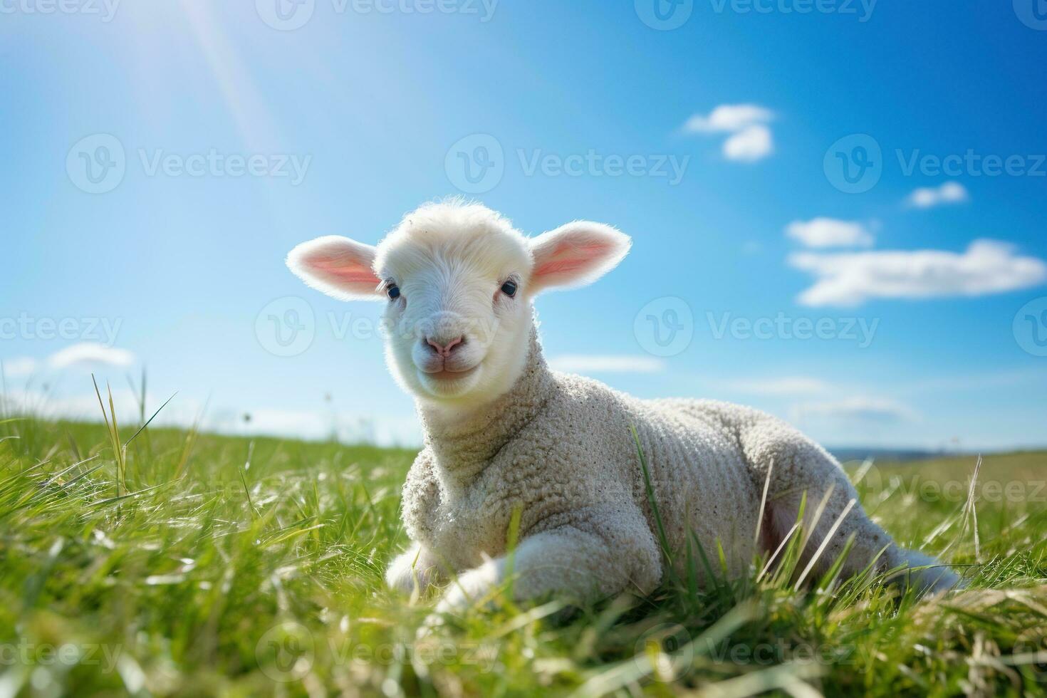 Cute lamb on green grass under blue sky with white clouds. AI generated photo