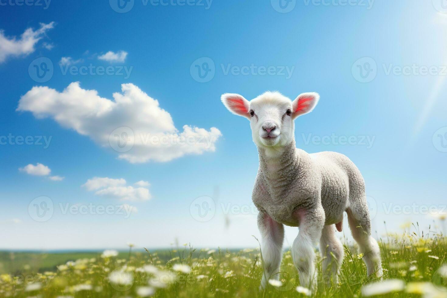 Cute lamb on green grass under blue sky with white clouds. AI generated photo