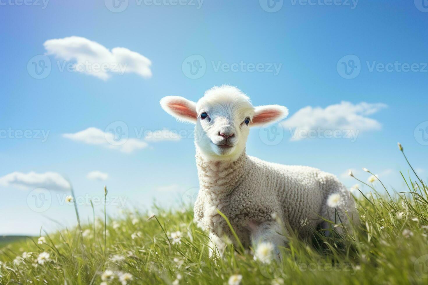 Cute lamb on green grass under blue sky with white clouds. AI generated photo